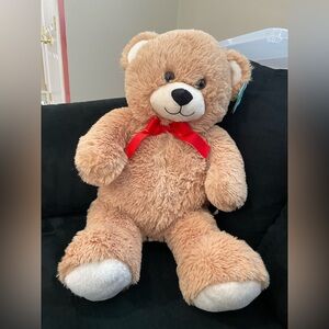 Play right Classic Plush Teddy Bear - Soft Light Brown with Red Bow